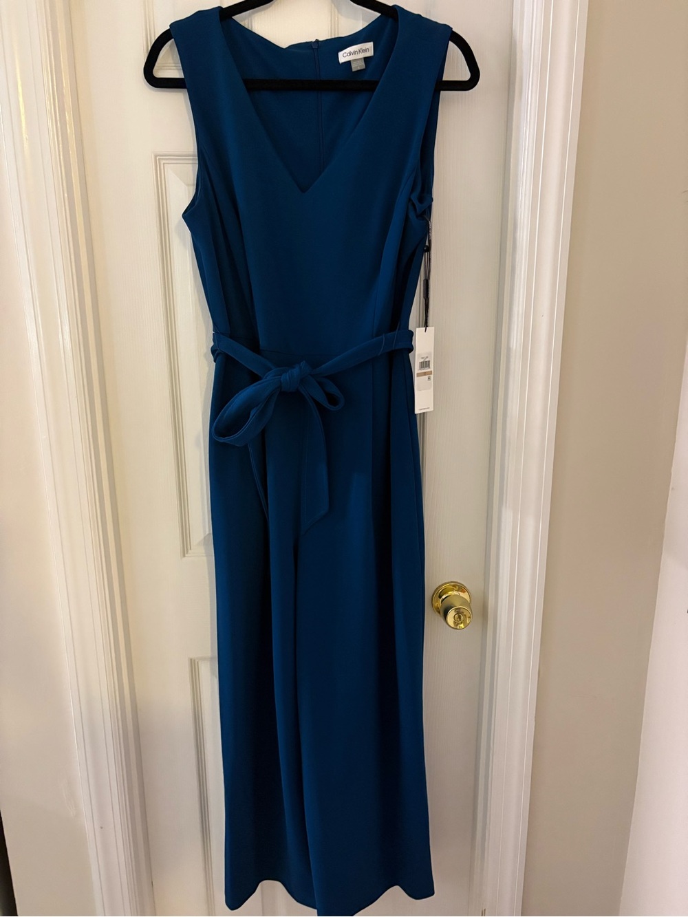 Calvin Klein Deep Teal V-Neck Sleeveless Jumpsuit with Tie Waist